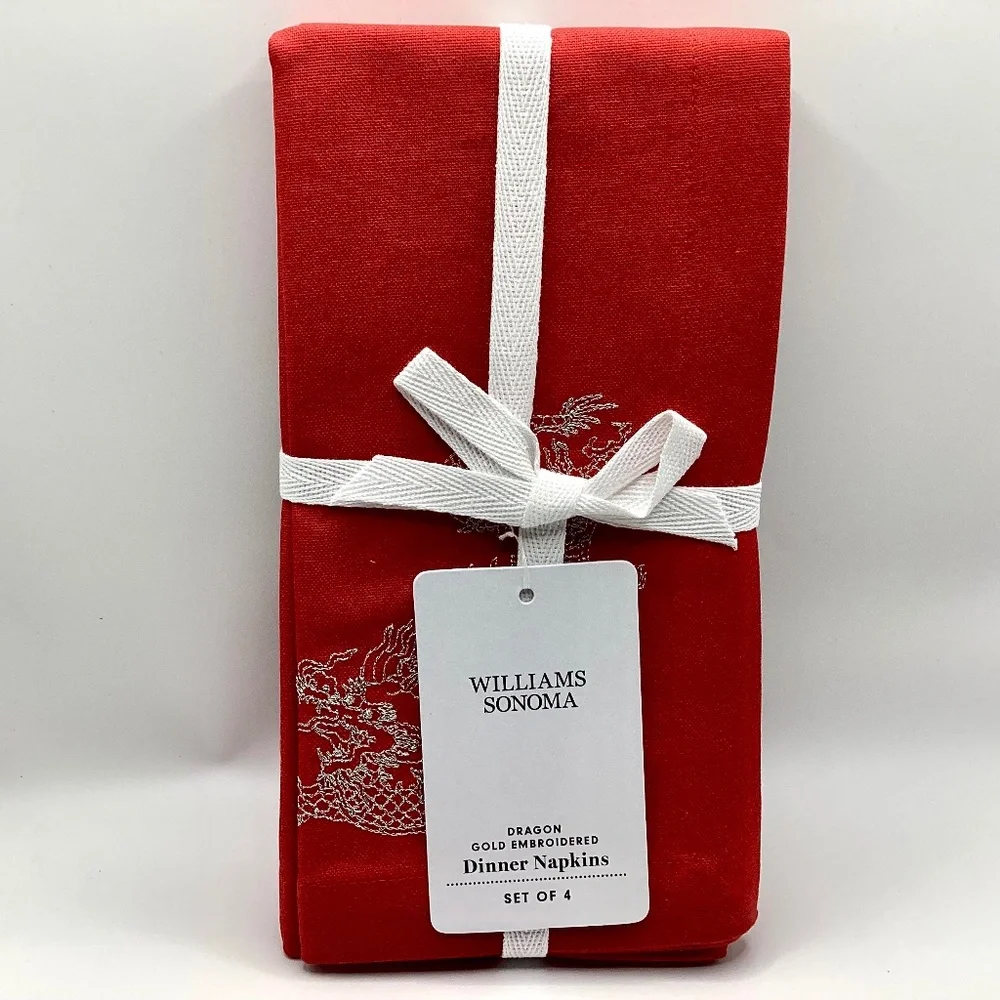 Williams Sonoma Lunar New Year Red Napkins w/Gold Embroidered Dragon, Set of 4.